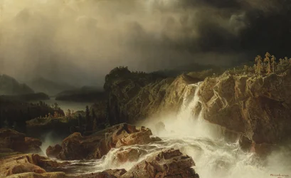 Rotsachtig landschap met waterval in Smaland, 1859